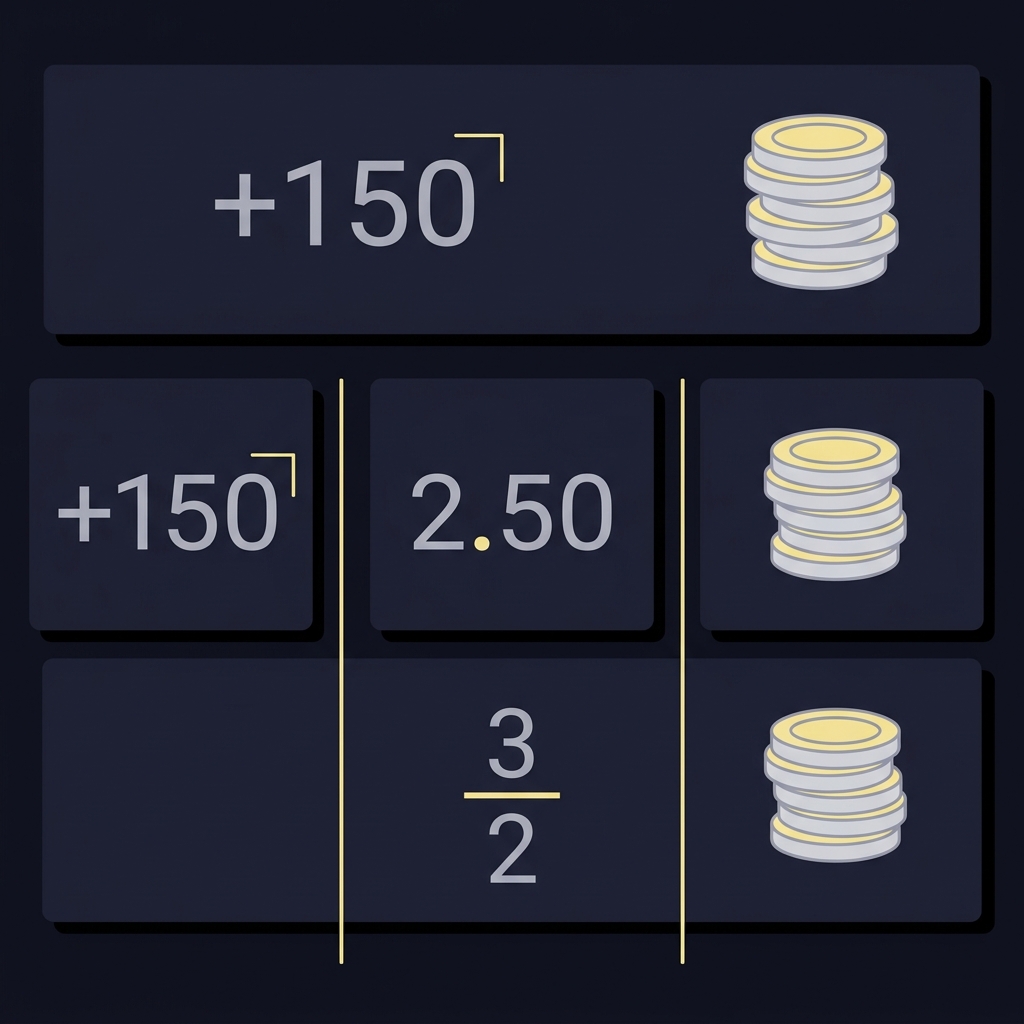 Minimal 2D vector side by side comparison showing the same bet in American decimal and fractional formats with matching payout coin stacks odds converter calculator