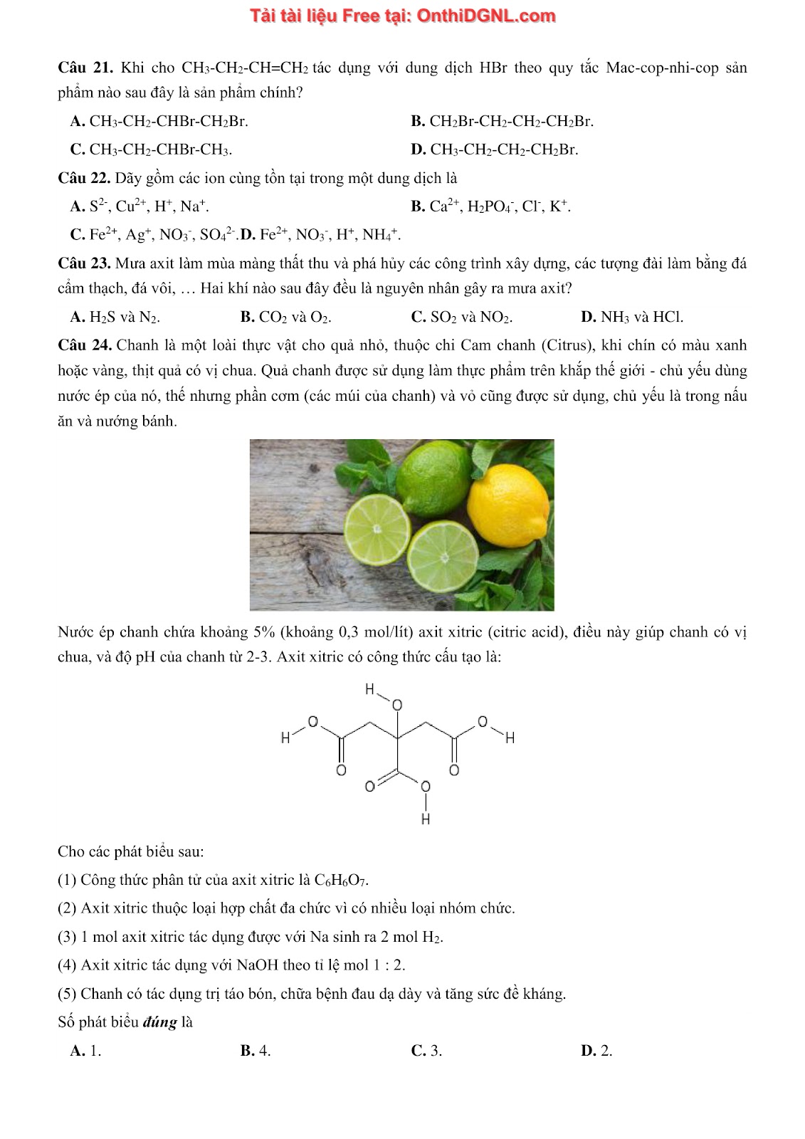 135 bài tập môn Hóa học - Ôn thi ĐGNL Bách khoa Hà nội Phần 2