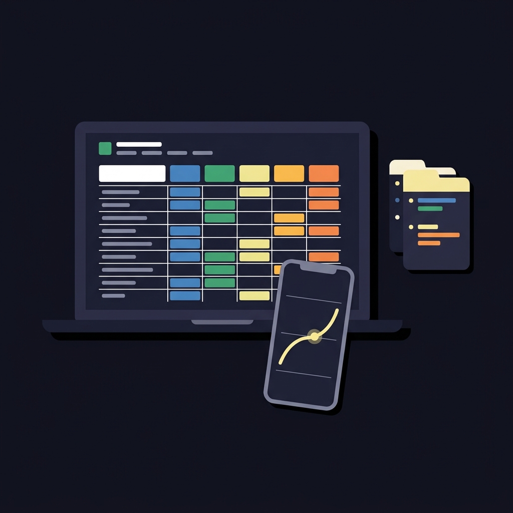 Minimalist 2D vector desktop showing a sports spread workspace with power rating spreadsheet injury notes and mobile odds line move highlighted in Funded Plays brand colors sports spread