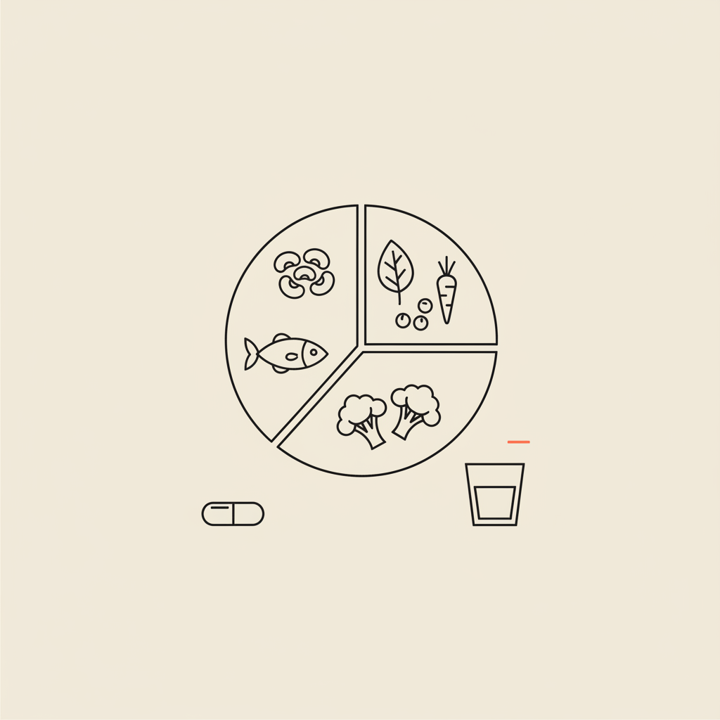 Minimalist Tonum-style line illustration of a segmented plate with fish, legumes, vegetables, a capsule and water glass on beige background — what foods are bad for metabolic syndrome