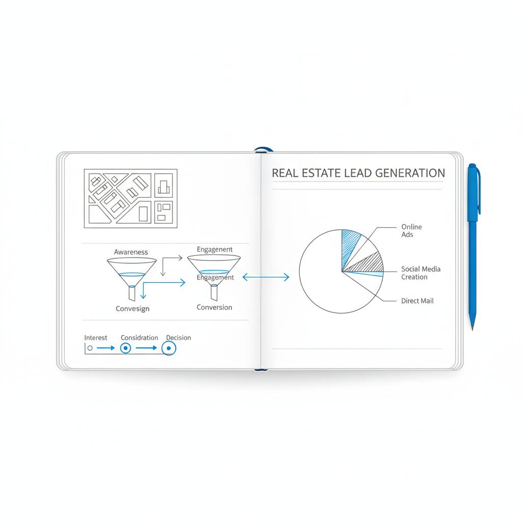 Overhead 2D vector of an open notebook with neat neighborhood map, campaign funnel, customer journey and pie chart sketches for real estate lead generation, blue accent pen nearby