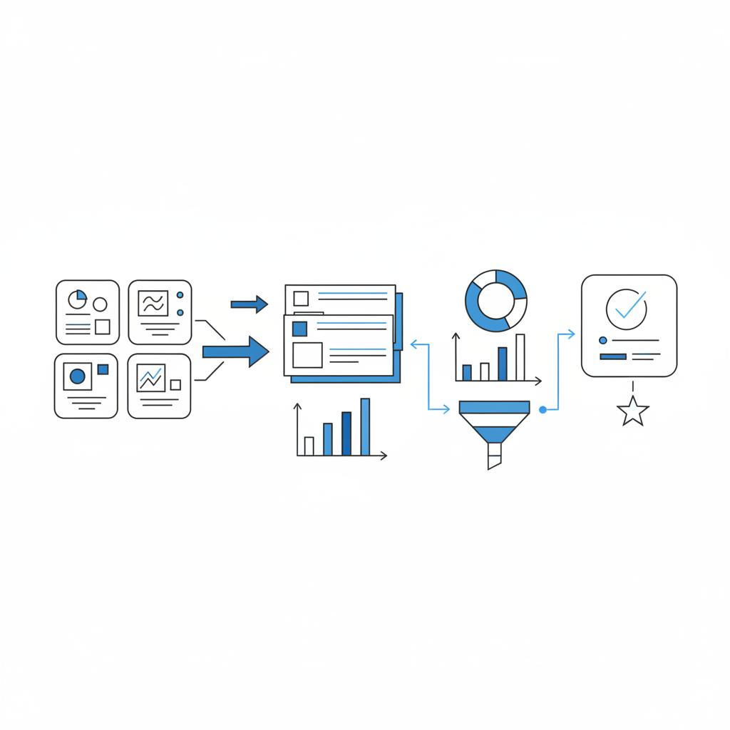 Minimal 2D vector notebook-style sketch of an ad testing dashboard showing split-test cards, charts, and arrows mapping flow from creative to conversion for Facebook ads.