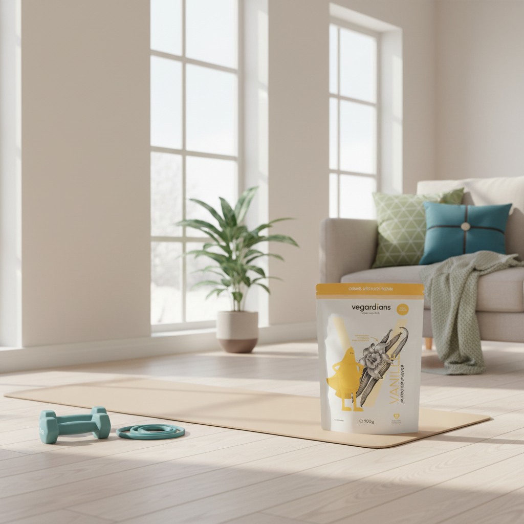 Minimalistisches Heimtrainings-Setup mit Yogamatte, Hanteln, Widerstandsband und Vegardians-Produkt neben Fenster im Winterlicht – motivierende Szene zum Bauchfett verlieren.