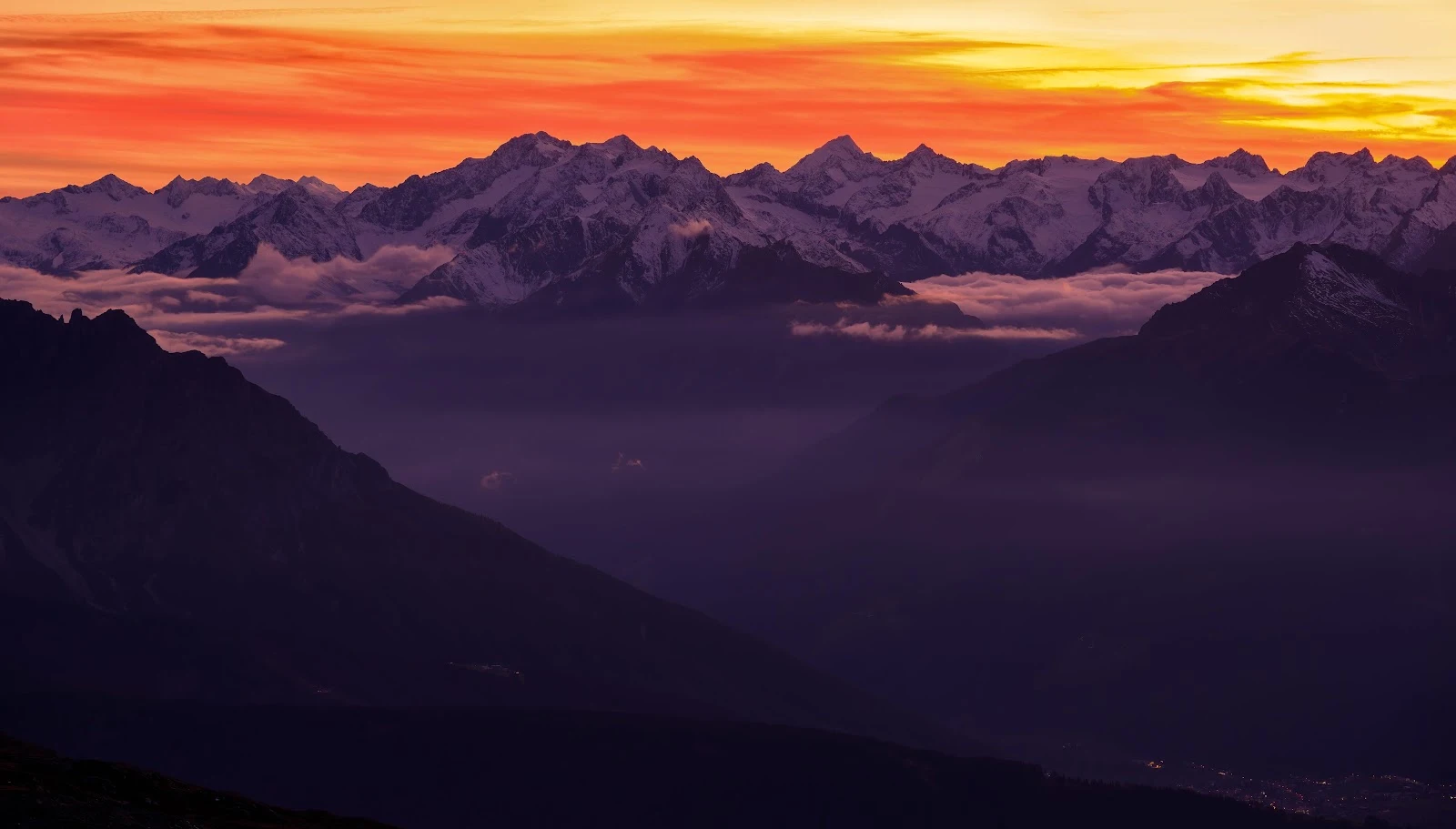 Snowy Mountains Under Orange Sunset - Landscape Photography 5K Wallpaper (6144x3497)