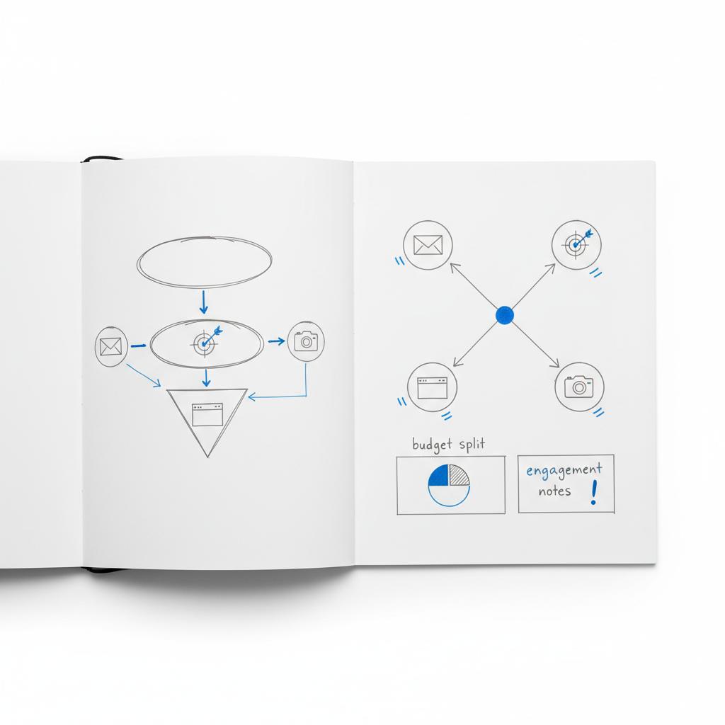 Close-up notebook spread with hand-drawn audience layers (CRM list, lookalike seed, pricing page visitors, webinar registrants) using simplified icons and accent #1a5bfb &mdash; target entrepreneurs Facebook ads