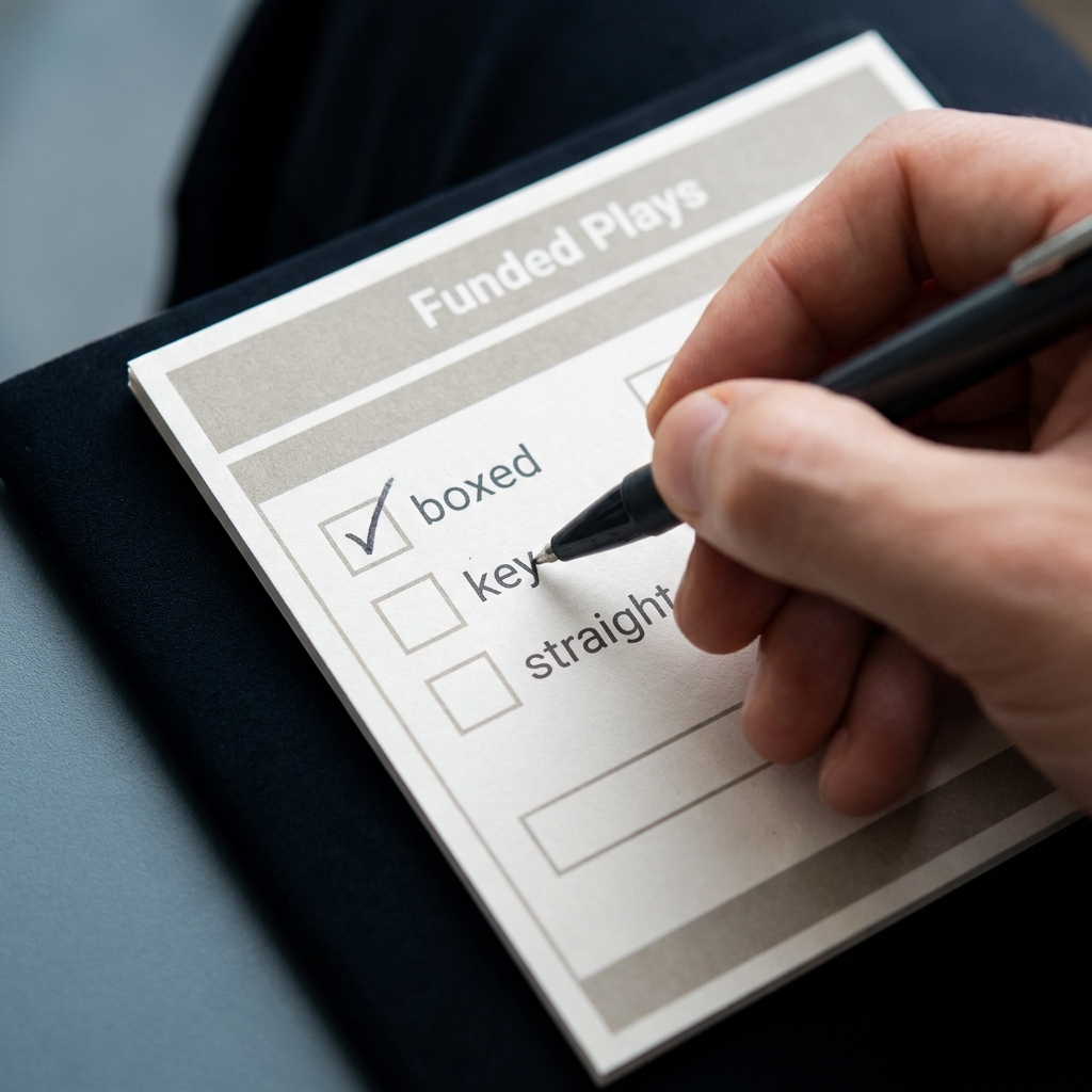 Close up paper betting slip with visible checkboxes for boxed key and straight notations and a pen marking a box illustrating types of bets horse racing