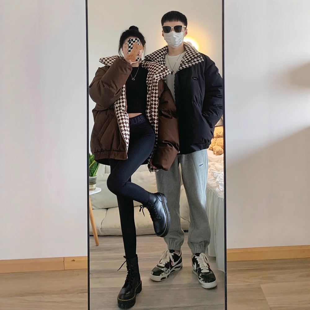 Loose padded winter jacket with stand-up collar