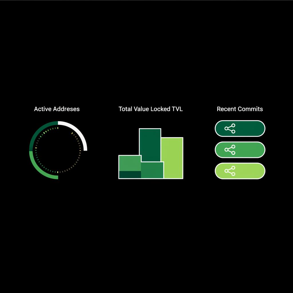 Minimalist 2D vector dashboard with three widgets showing a circular active addresses gauge green layered TVL chart and three recent commit bars on dark background for most recent cryptocurrency news