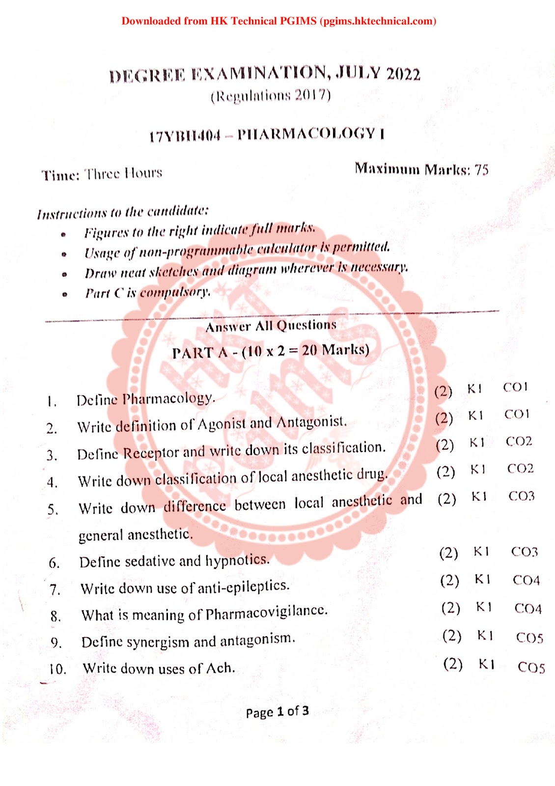 Pharmacology -I Question Paper  4th Semester B.Pharmacy Previous Year's Question Paper,BP404T Pharmacology I,