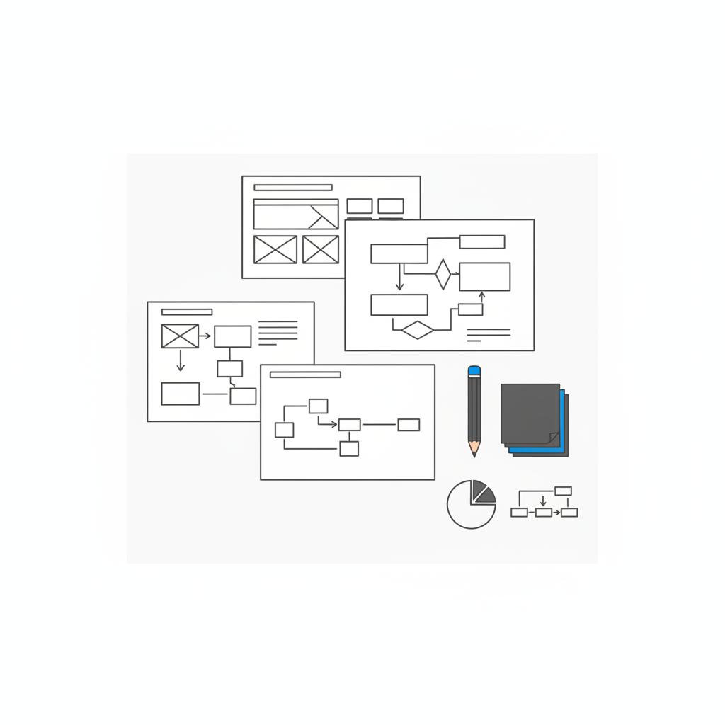 Top-down 2D vector workspace with printed sitemap and flow diagrams, pencil, and a single blue sticky note illustrating website designer cost planning