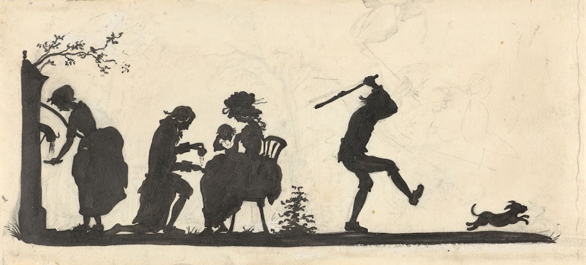 Silhouet van de familie die de hond het huis uitjaagt 1884   1917