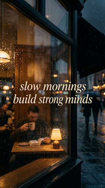 Slow Mornings Quote Integrated into Rainy Cafe Window - Free mobile Wallpaper