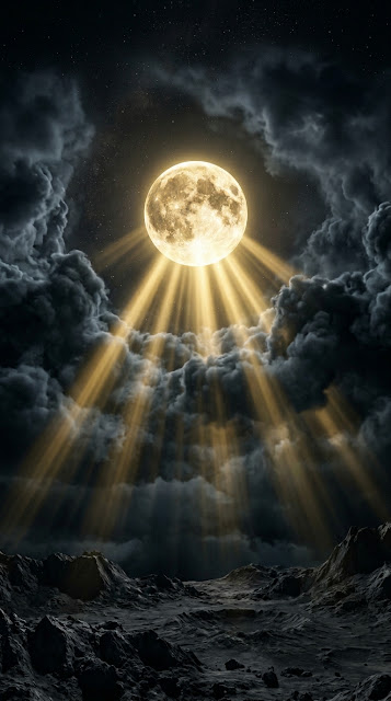 Full Moon Casting Golden Light Beams Through Dark Night Clouds - Free mobile Wallpaper