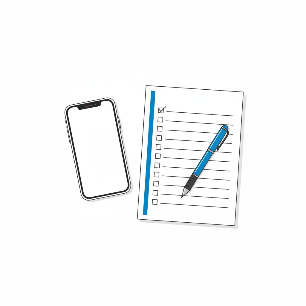 Top-down 2D vector of a smartphone next to a blank checklist sheet and a blue-accent pen on a clean white background, visual concept for Google Local service Ads.