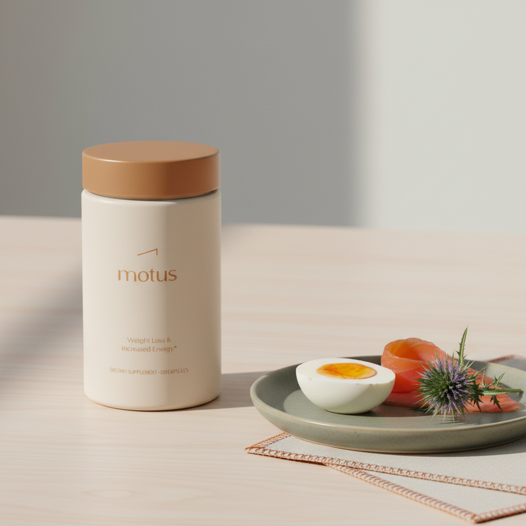 Minimalist photo of Tonum Motus jar with measured protein foods and milk thistle on a light wooden surface, showing how to jump start weight loss after 50