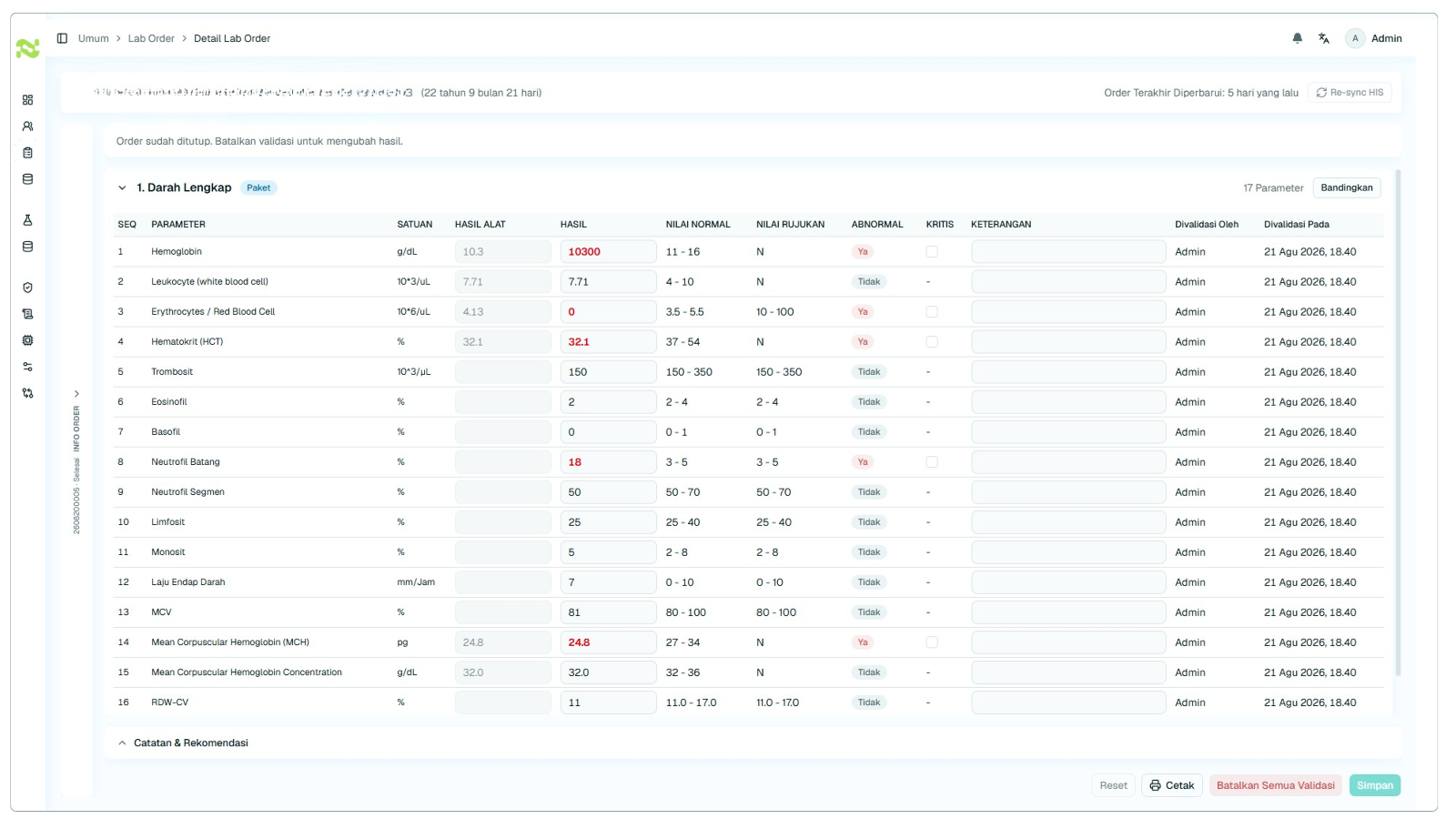 Tampilan fitur Order & Result Management pada NUHA E-LIS