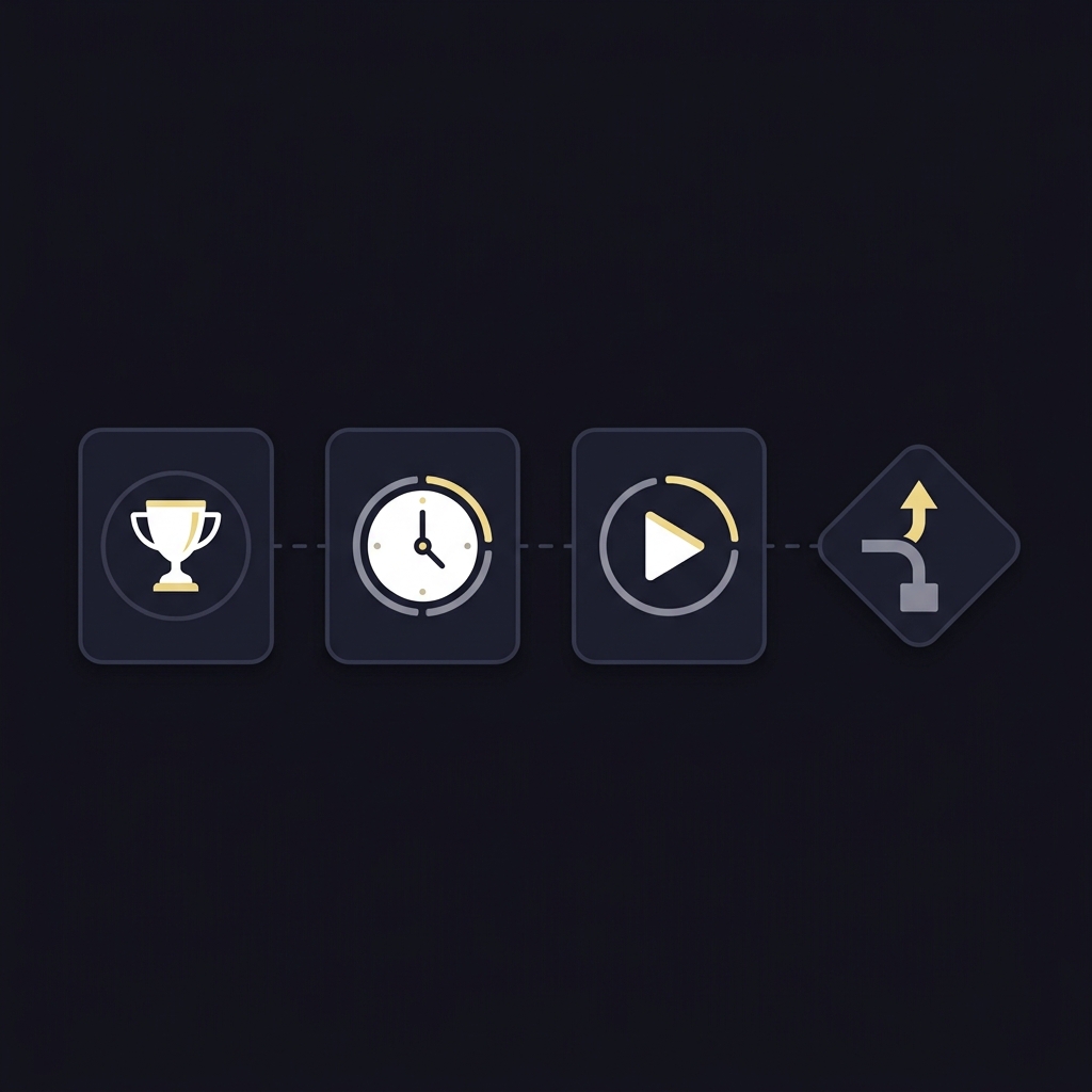 Minimal 2D vector flowchart with trophy icon for headline win clock icon for cooldown play icon for trial run and decision diamond branching to scale or stop How to Avoid Chasing Last Weeks Winner