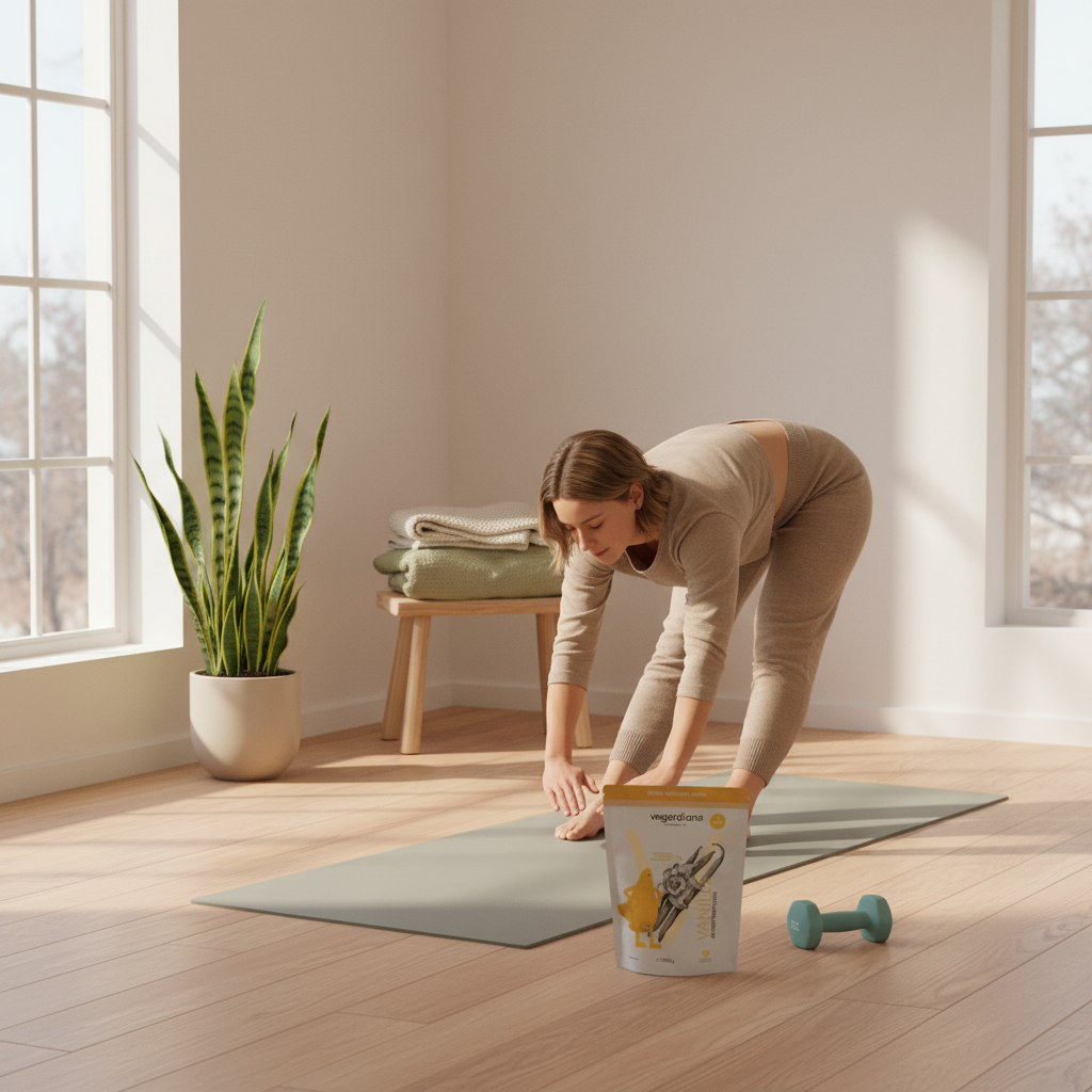 Skandinavisches Heimtraining mit Yogamatte und Pflanze im Winterlicht; Person dehnt sich auf dem Boden, Produkt aus Referenzfotos daneben — können Veganer muskulös sein.