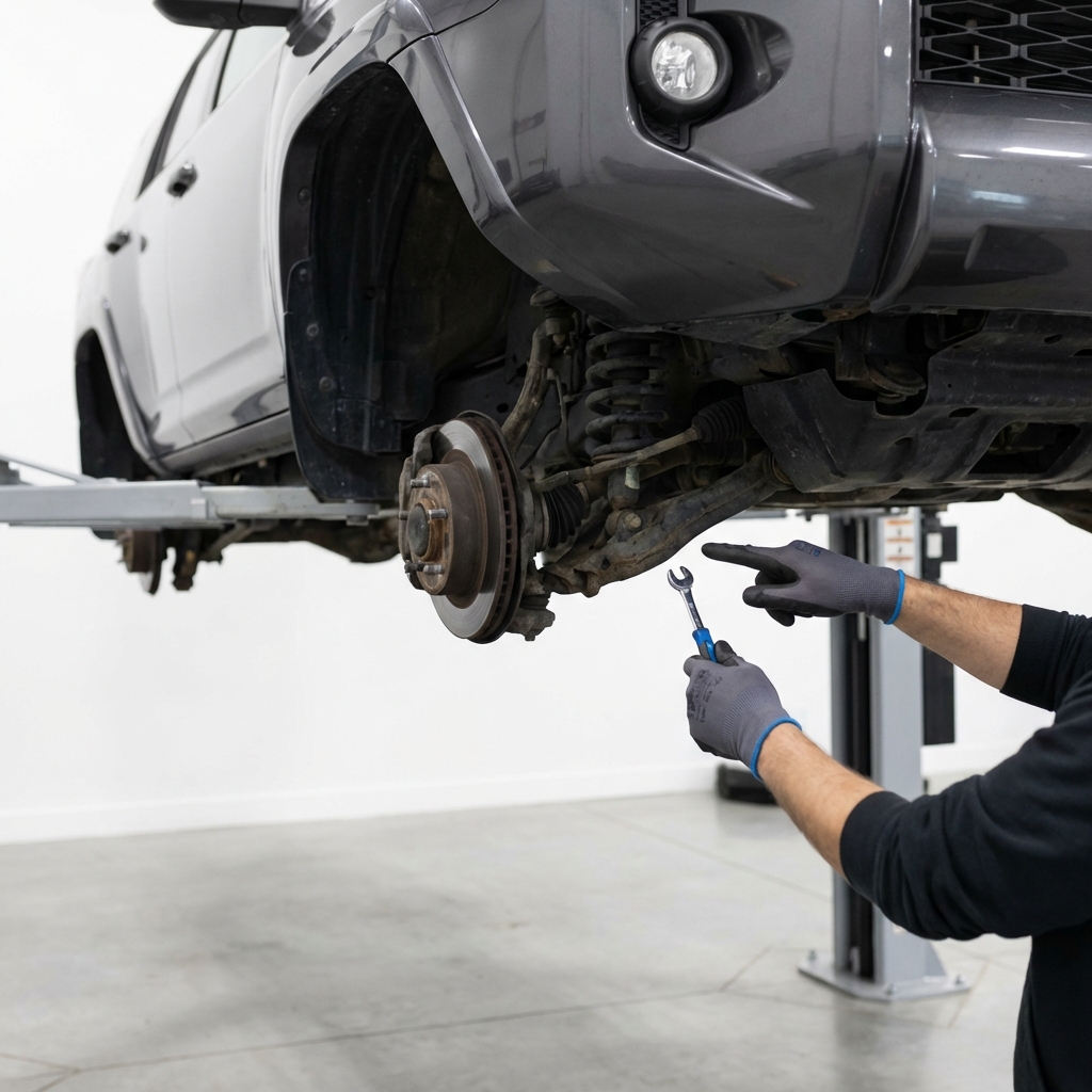 Mechanic pointing at suspension undercarriage of a used Toyota 4Runner on a lift in a clean white garage used toyota 4runner for sale