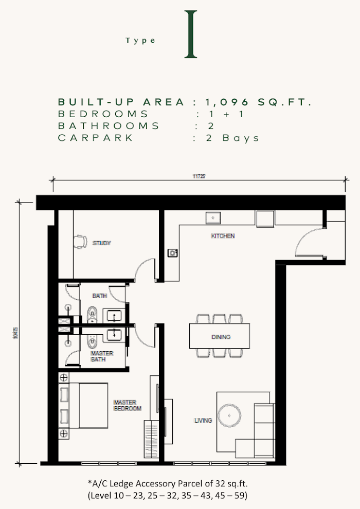 Type I floor plan, 1,096 sq ft