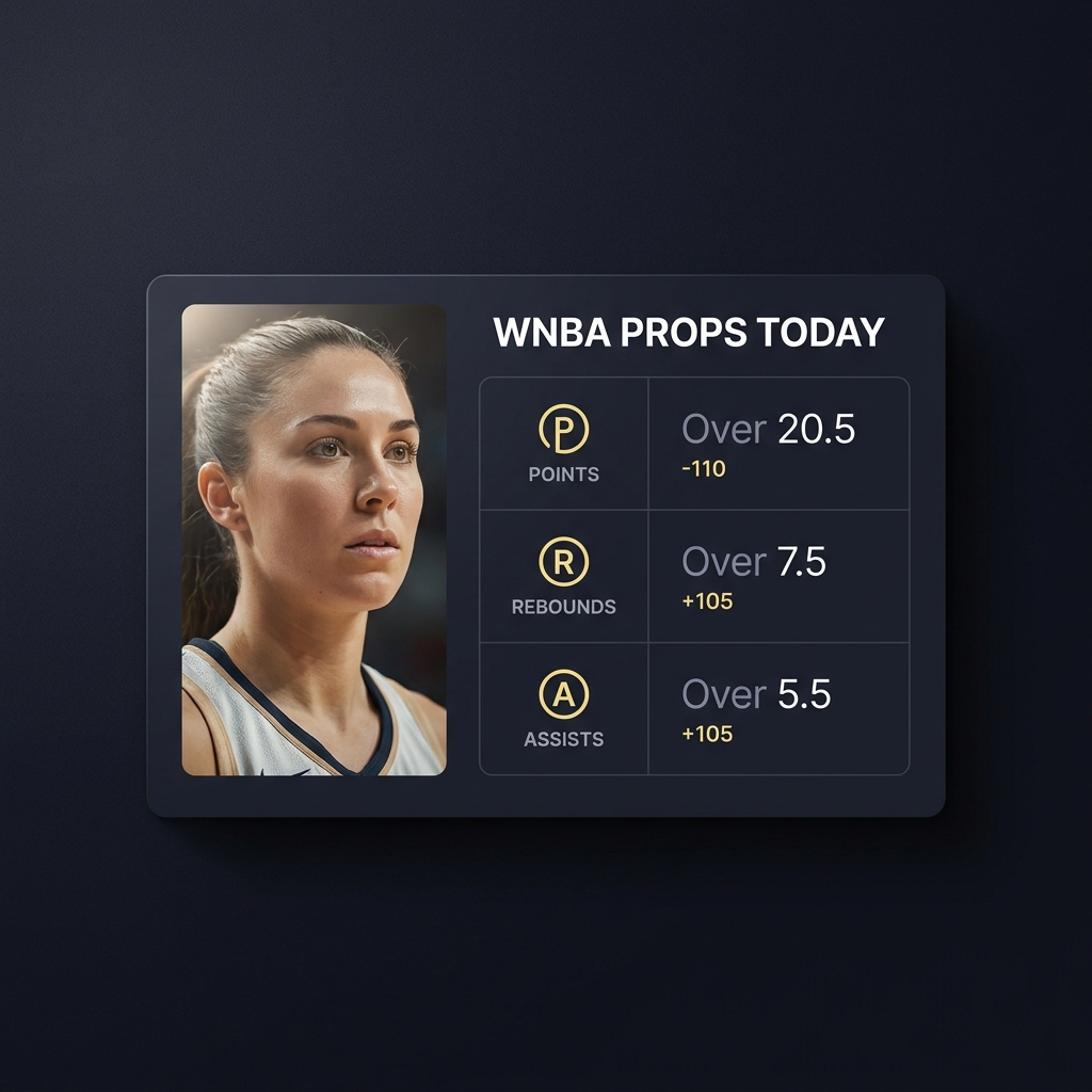 Minimalist full frame betting card with WNBA player portrait and stat chips in Funded Plays brand colors wnba props today
