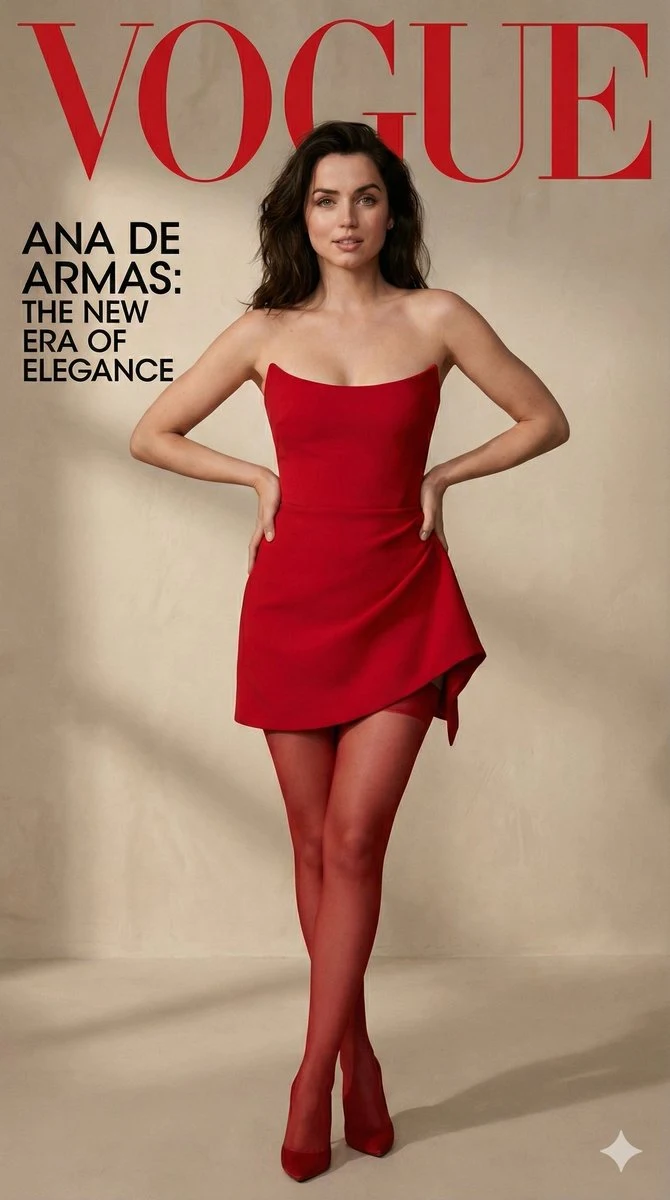Ana de Armas, en el centro de la imagen, posando elegantemente con un minivestido rojo.