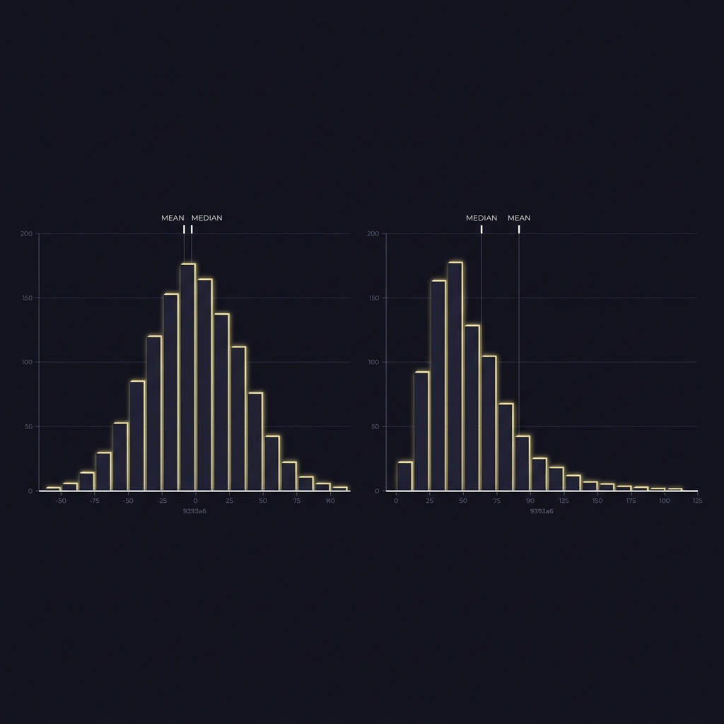 Two minimalist side by side histograms comparing symmetric distribution and right skewed distribution with labeled mean and median markers Why Raw Averages Can Be Misleading