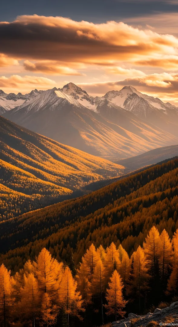Golden Alpine Larch Forest Valley at Sunset