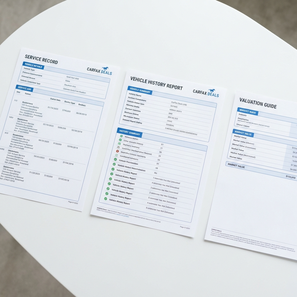 Close up of a service record vehicle history report and valuation guide on a clean white table in minimalist style showing documents related to used chargers near me