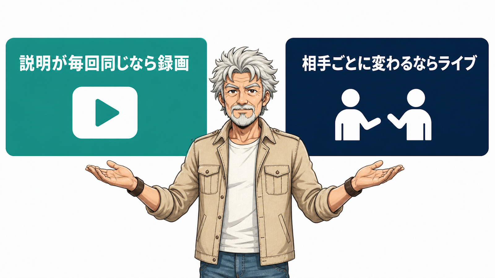 説明を「毎回同じ」と「相手ごとに変わる」に仕分けし、録画（自動）とライブに振り分ける図
