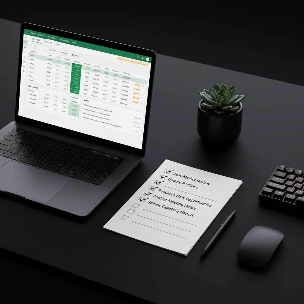 Close up tidy desk with laptop showing a stock screener and a printed checklist dark background green accents stocks that can double