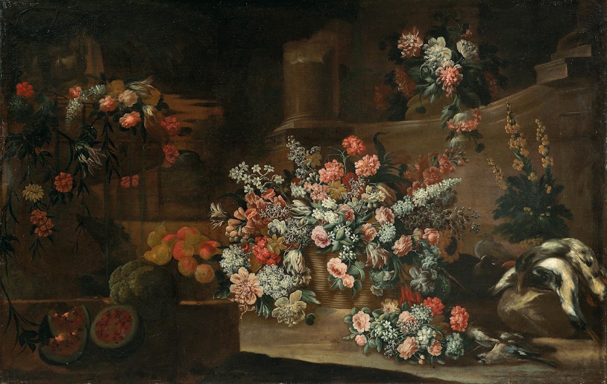 Still life with flowers fruit and birds amongst ruins 18th Century