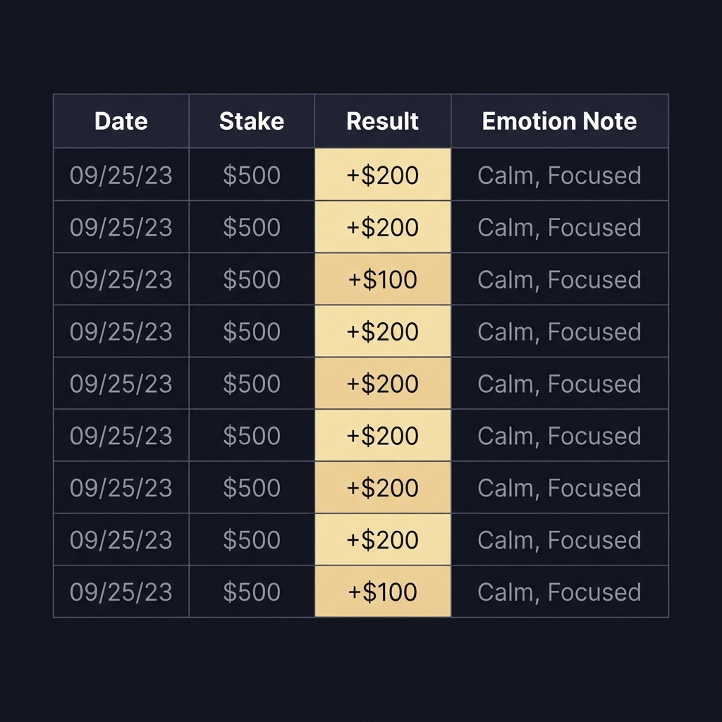 A Responsible Sports Trading Checklist close up of a minimalist spreadsheet session log showing columns Date Stake Result Emotion Note on a dark Funded Plays themed dashboard