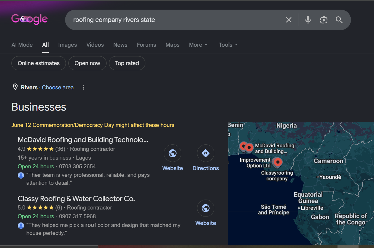 Classy Roofing — Google search results showing Top 3 visibility for high-intent roofing searches across Rivers State, Nigeria. 5.0 Google Business Profile star rating.