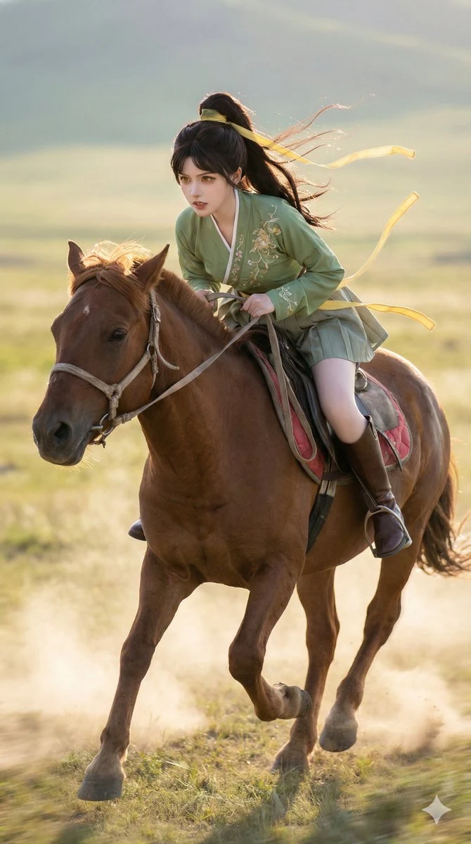 Cosplayer de la mejor calidad galopando a caballo.