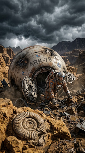 Crashed Space Capsule on Desert Planet Near Ancient Fossil - Free mobile Wallpaper