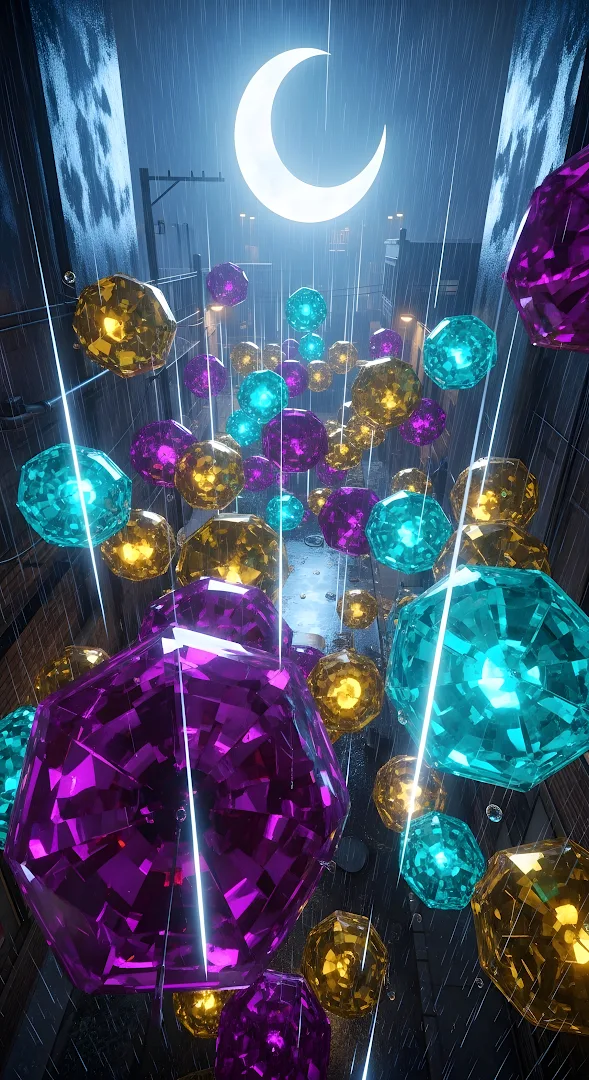 Neon Gemstones Falling in Rainy Urban Alley Night