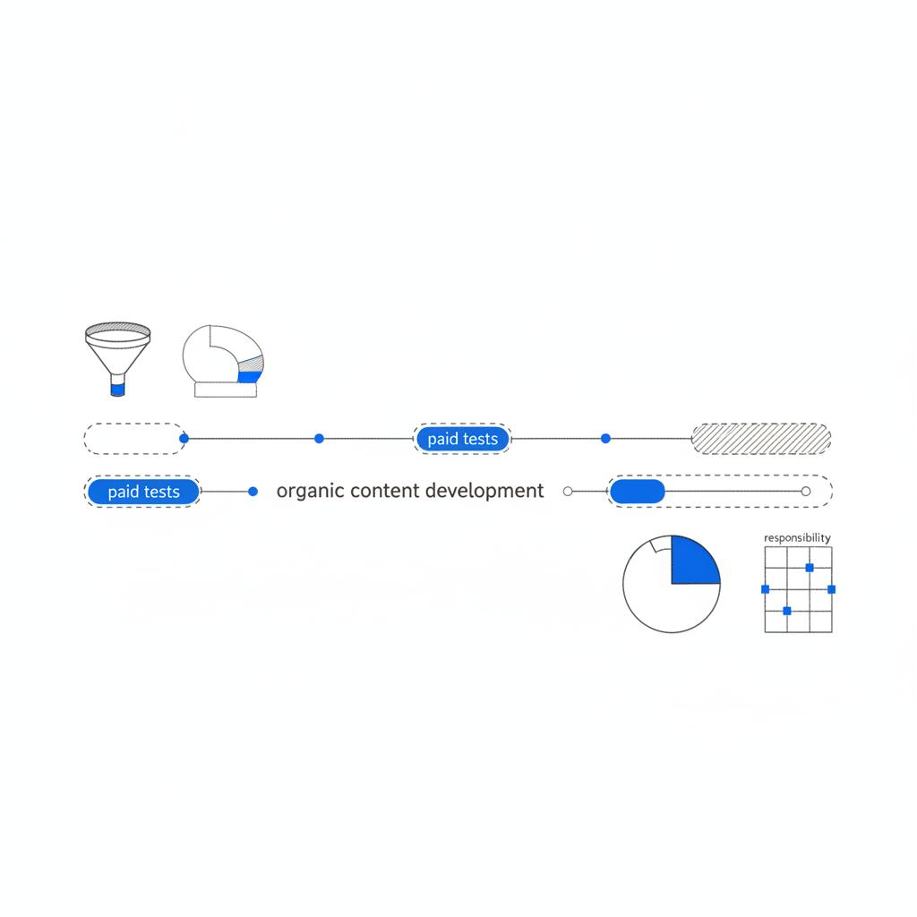 Vector flat‑lay sketch of a campaign timeline contrasting short blue sprint blocks for paid tests with longer grey bars for organic content development on a white page &mdash; PPC vs SEO.