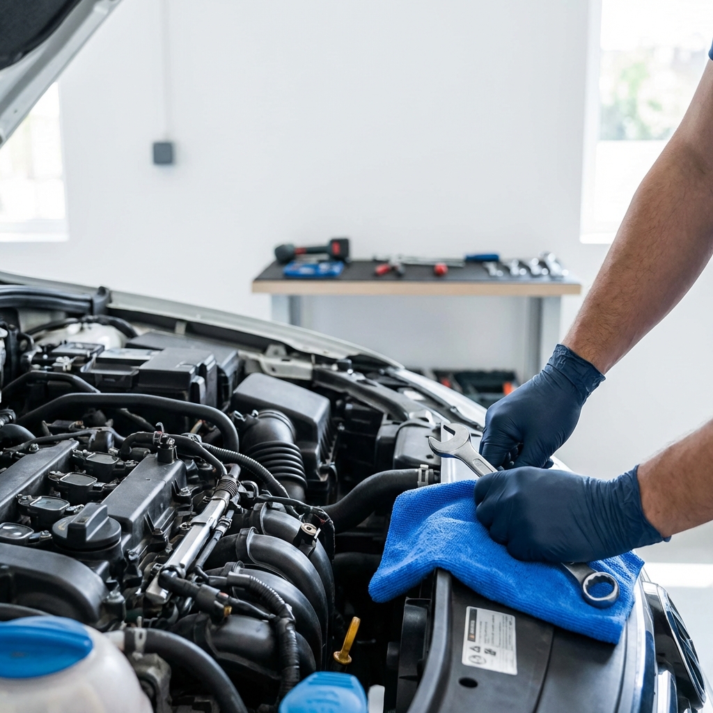 Close up of mechanic hands inspecting a car engine bay on a clean white workbench with tools and a subtle blue 3666ed rag accent What is the best low budget car?
