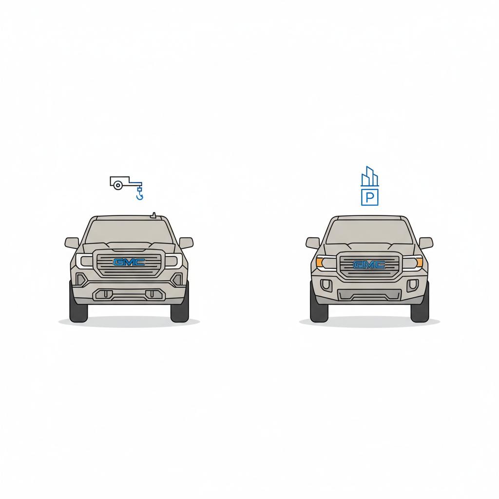 Minimalist 2D vector side by side comparison of Sierra and Canyon pickups on white background with blue CarFax Deals accents and simple towing and city icons gmc car dealer near me