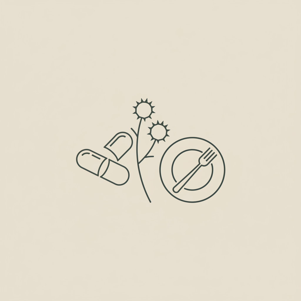 Minimal Tonum-style line illustration of a capsule, milk thistle sprig and plate with fork on beige background, concept for what vitamin will speed up my metabolism
