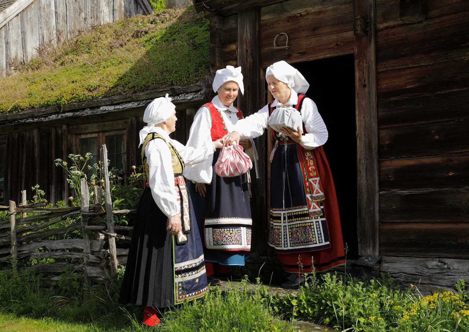 Raskförkläden med silkebroderier, sammetsband och silvergaloner.