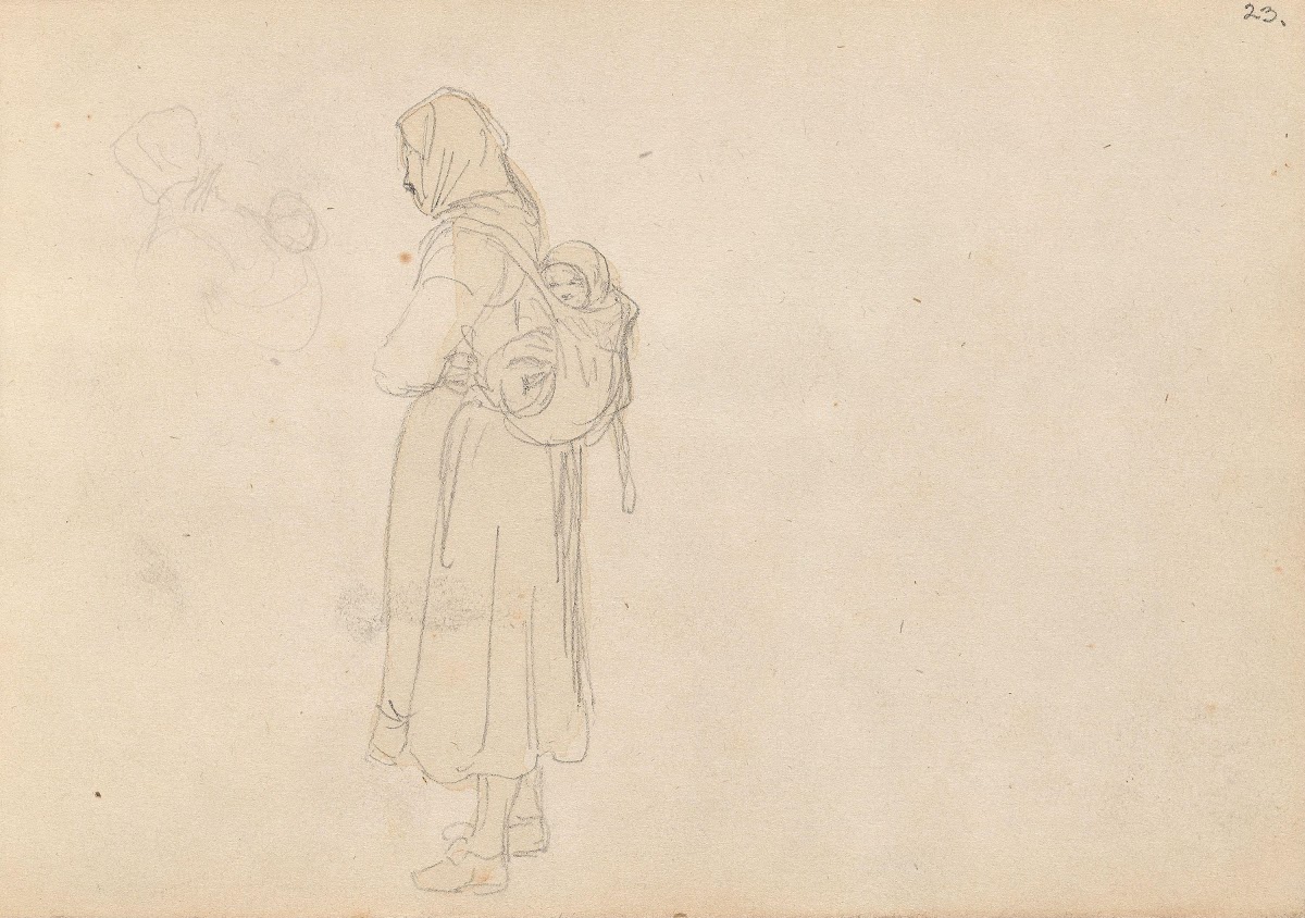 Kvinne med barn på ryggen 1852