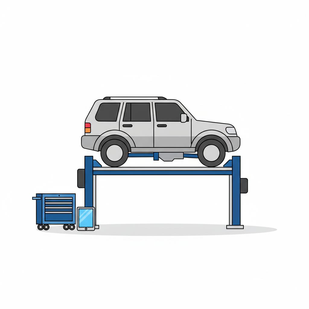 Minimalist 2D vector of a raised SUV on a lift in a clean well lit shop showing exposed transmission area and tools with blue accents bmw x5 for sale