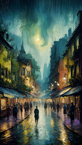 Rainy European City Street Painting Van Gogh Style Night Scene