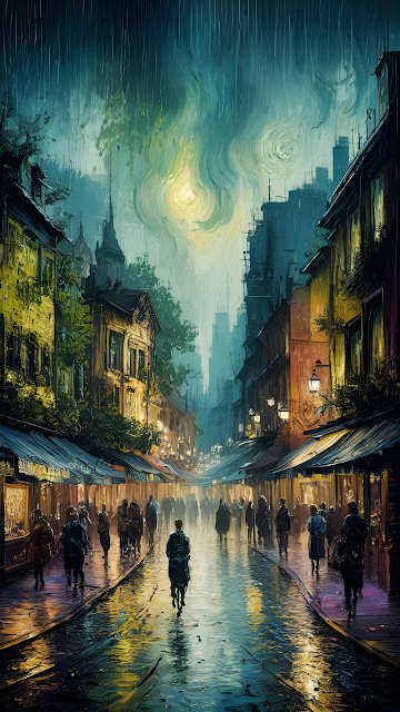 Rainy European City Street Painting Van Gogh Style Night Scene - Free mobile Wallpaper