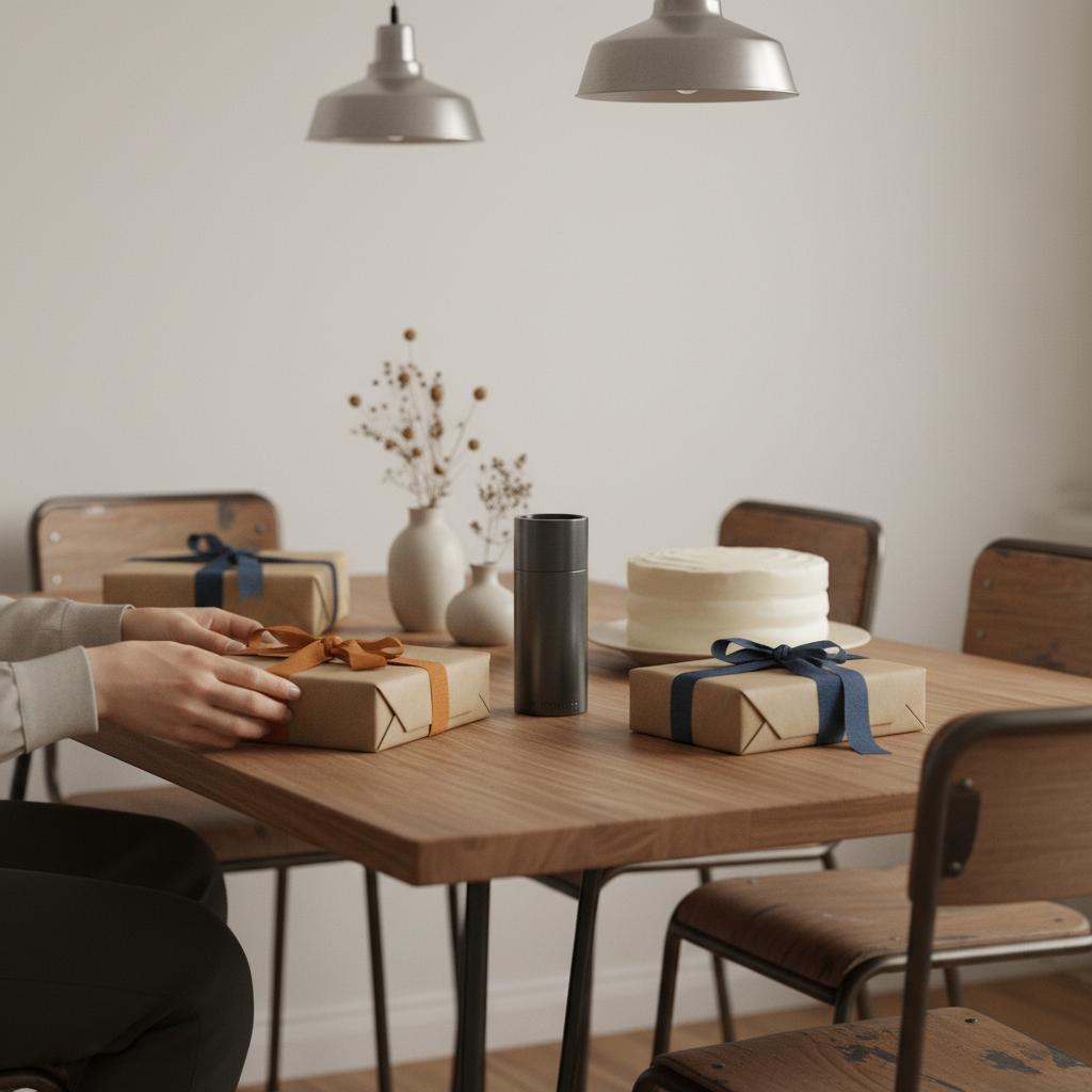 Intime Geburtstagsszene am Esstisch mit Geschenken, Vanilletorte und Produkt auf dem Tisch, Fokus auf Geschenkdetails — wie viel geld schenken bruder