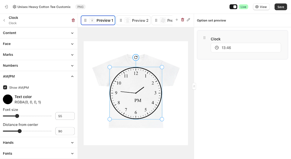 AM/PM panel with Show AM/PM checked, Text color, Font size, and Distance from center fields