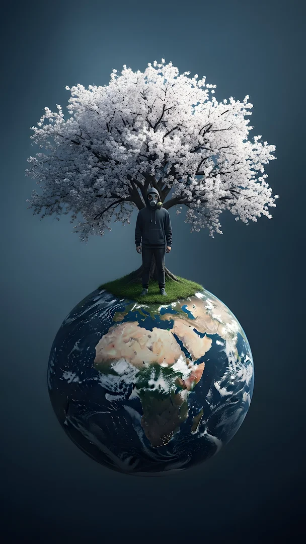 Man in Gas Mask Standing on Earth Under White Tree