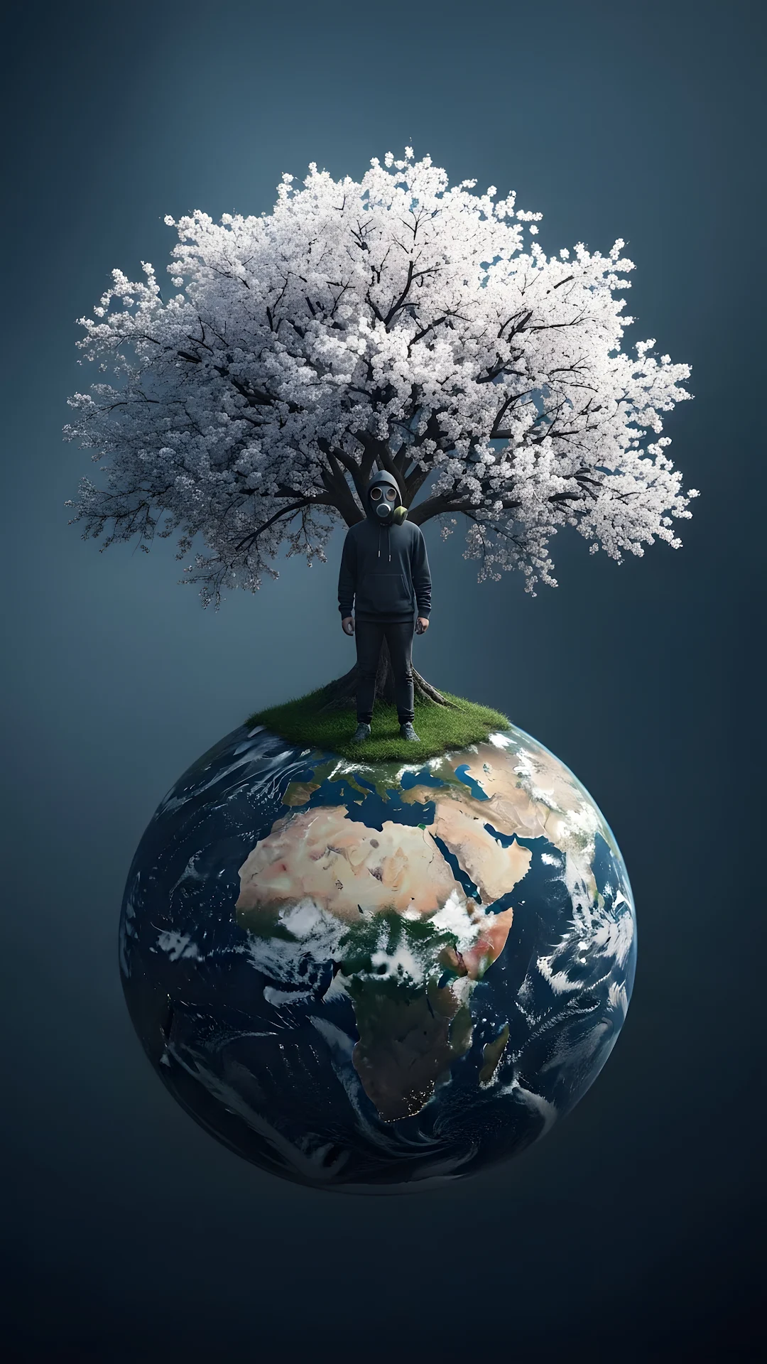 Man in Gas Mask Standing on Earth Under White Tree - Free 4K mobile Wallpaper